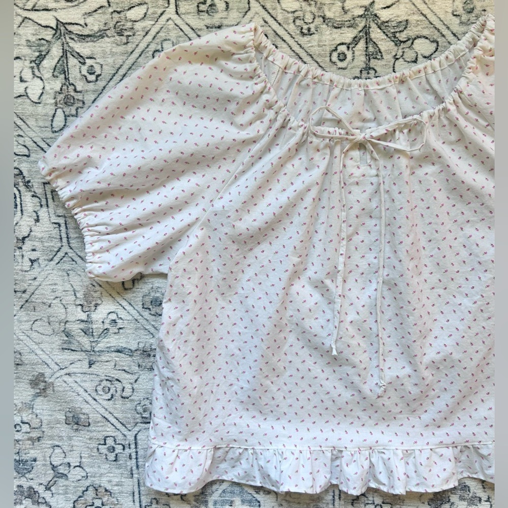 Handmade Upcycled Vintage Cotton Puff Sleeve Tie Peasant Blouse